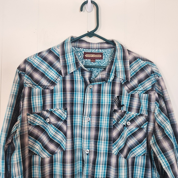 Cody James Saddle Ranch Turquoise Gray Plaid Button Down Size Large - Picture 3 of 16